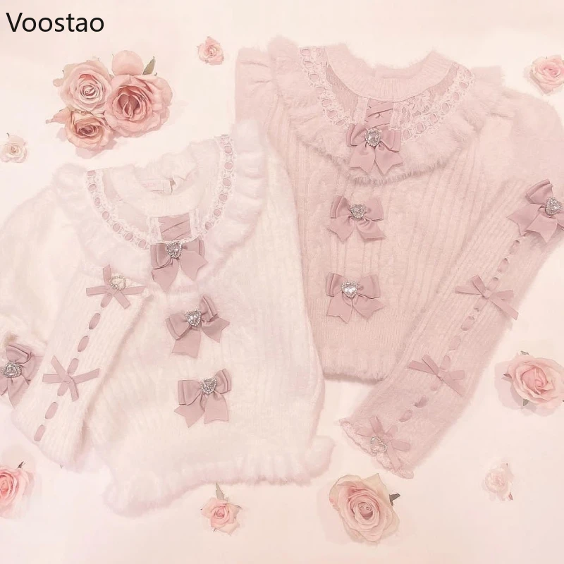 Lolita Pullover lavorato a maglia carino dolce fiocco peluche Oversleeve maglieria top ragazze primavera autunno Kawaii rosa maglione manica