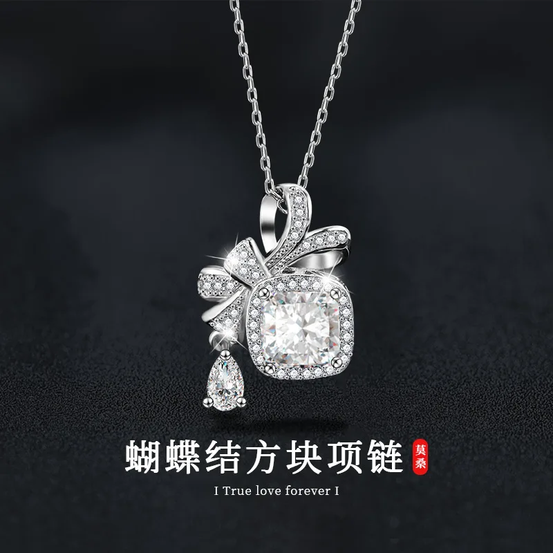 S925 silver moissani diamond pendant, bow, square necklace, women's high-end exaggerated collarbone chain accessory