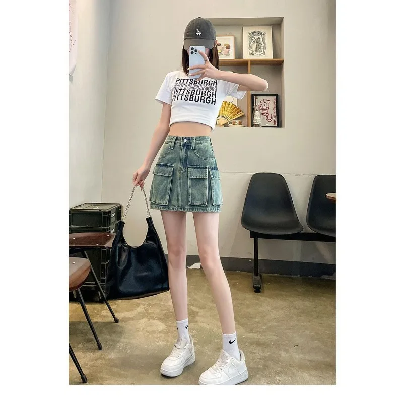 เครื่องมือ DENIM กระโปรงผู้หญิงกระโปรงสั้นรูปลูกแพร์ไขมันเล็กน้อยและบางเอว A-รูปฤดูร้อนเครื่องเทศขนาดเล็กสาวสะโพกกระโปรง