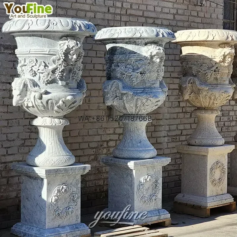 Wmwmnu for YOUFINE Classical Natural Antique Large Marble Carving Stone Outdoor Planters Flower Pot