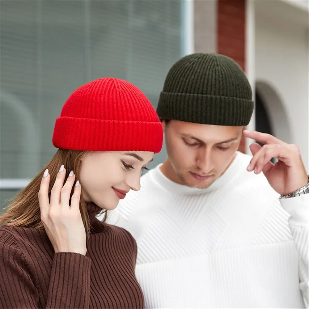 Retro Slouchy Cuff Beanie Plain Roll-up Edge Skull Ski Cap Winter Warm Hats for Men Women