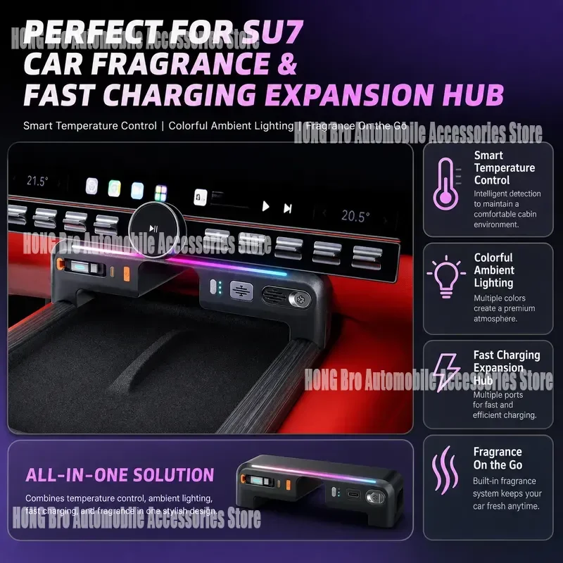 For Xiaomi SU7 Type C Hub Adapter Car Aromatherapy Charger Docking Station Screen Extension Cable Auto Interior Accessories