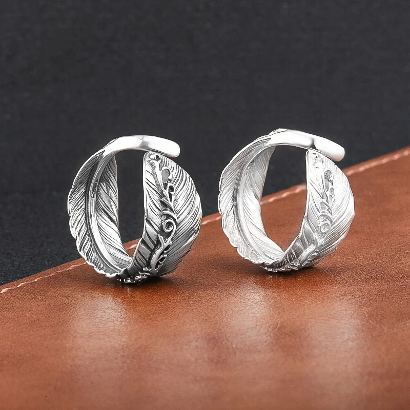 S925 Sterling Silver Charms Rings for Men Women Relief Eternal Rattan Feather Pattern Punk Retro Simplity Jewelry