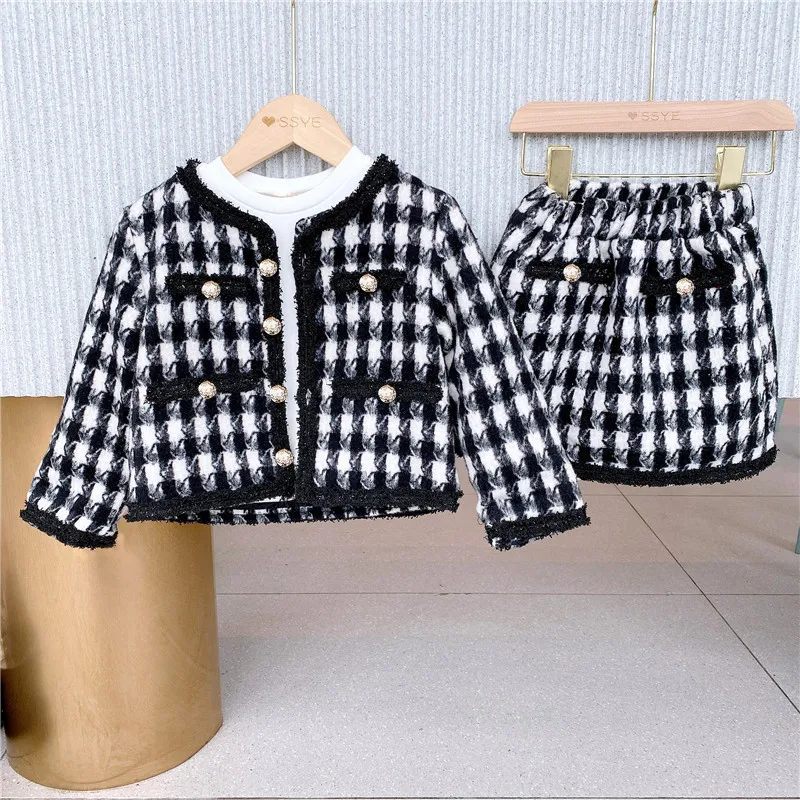 Tweed Kids Clothing Sets 2025 Spring New Girls Elegant Small Plaid coat + Skirt Two-piece Set Baby Dresses