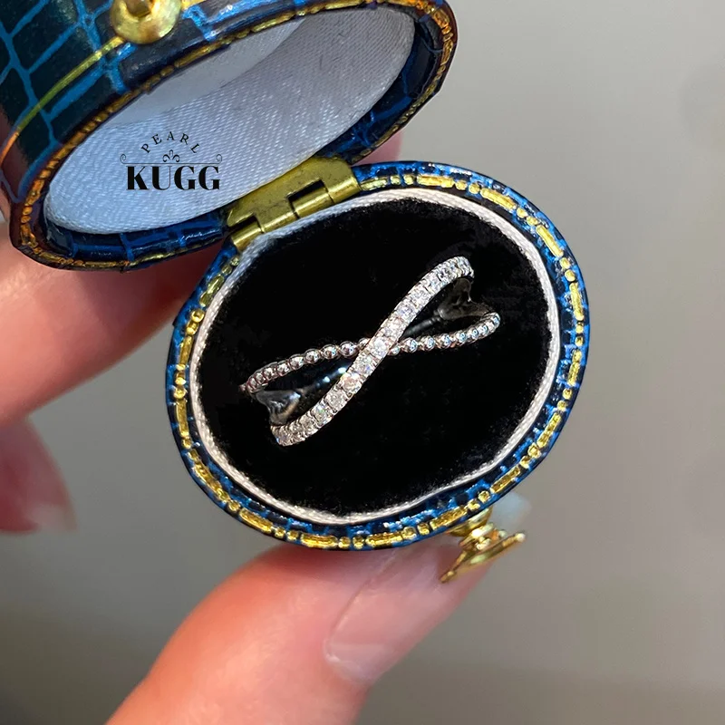 KUGG 100% 18K White Gold Rings Real Natural Diamond Engagement Ring for Women Fashion Cross Design High Anniversary Gift