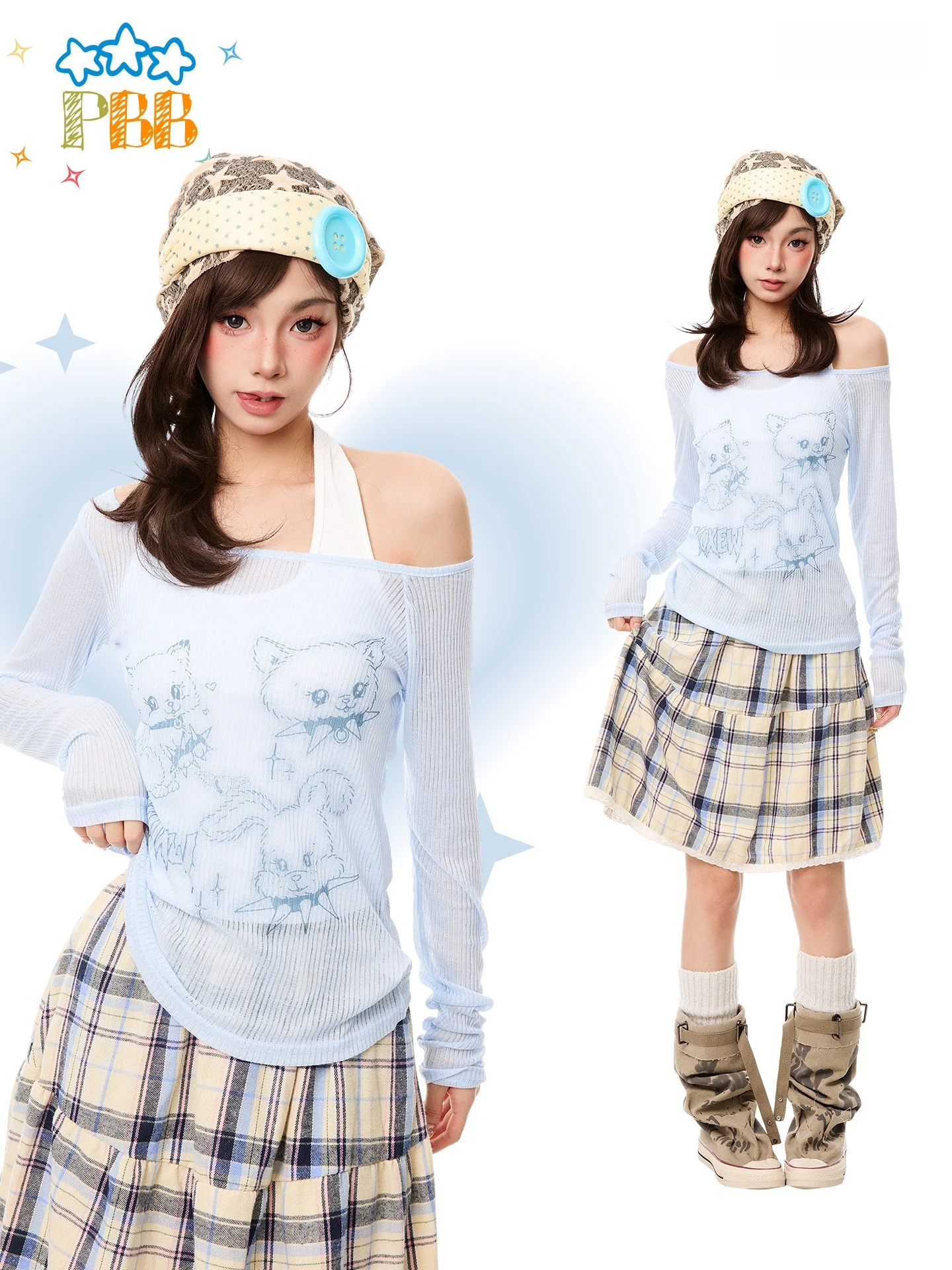 PBB Korean Sweet  Print Long Sleeve Women's Slimming Sun Protection Lightweight Vest Two-Piece Summer Set Casual Tee