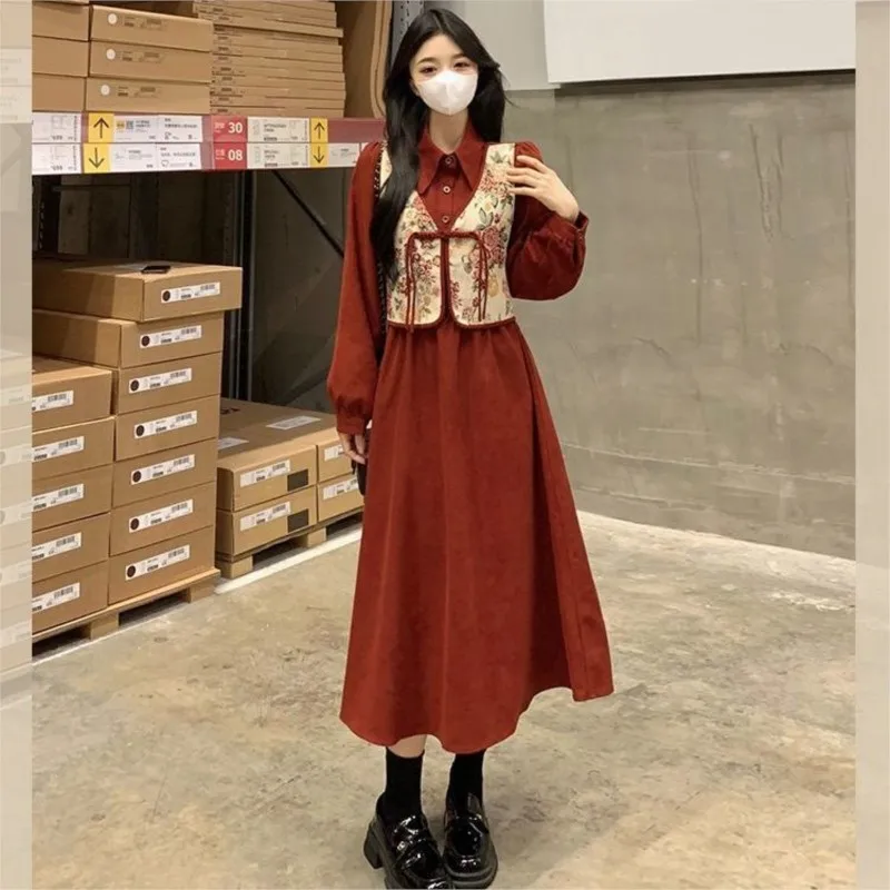 

2025 Pregnant Women's Spring and Autumn Clothing Set New Maternity Fashionable Chinese style Buckle Vest Dress 2-piece Set LI210