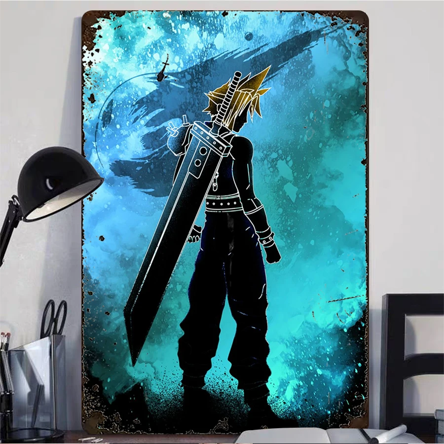 Final Fantasy VII Cloud Strife Silhouette Metal Wall Art Gaming Decorative Painting for Living Room Bedroom Vintage Poster Mural