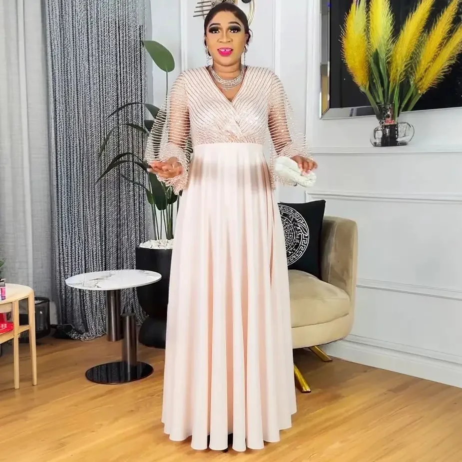 Gaun Pesta Afrika Ukuran Besar untuk Wanita Dashiki Ankara Payet Gaun Malam Pernikahan Elegan Turki Muslim Maxi Dress 2025 Terbaru