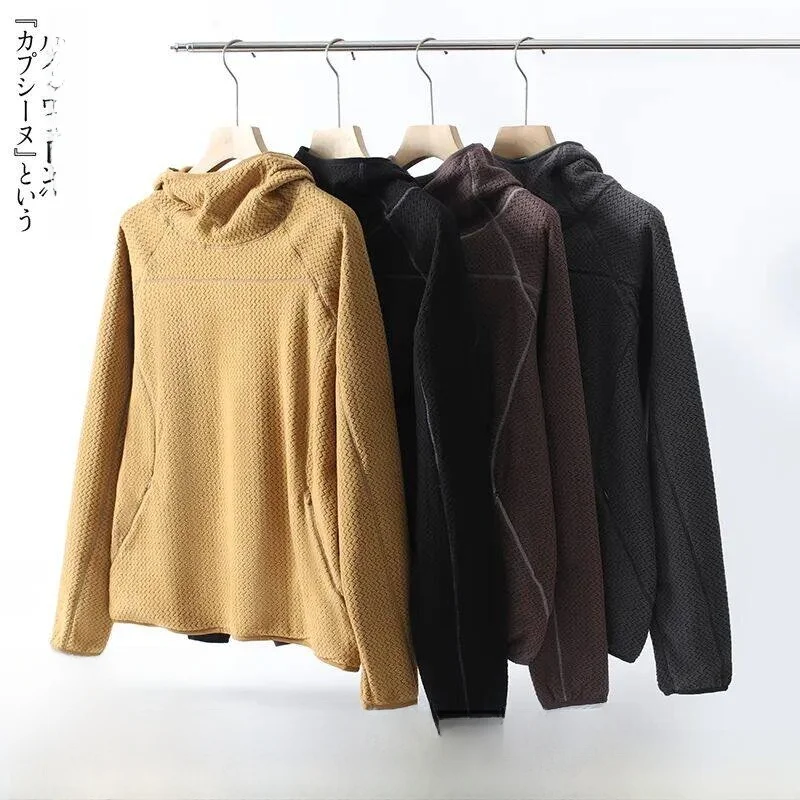 

Outdoor Base Layer Hoodie Fce Lined Hassed Design Wave Pattern Loose Couple Sweatirt Breathable Polyester Fiber