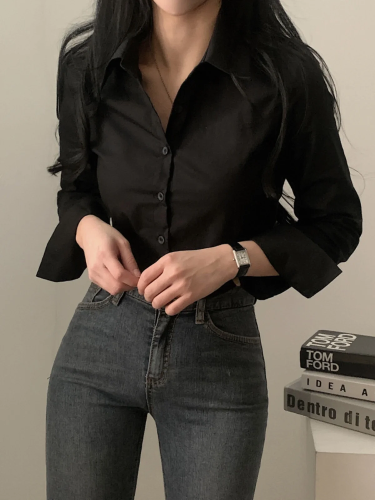 Chique witte hoge taille ort Svel Ne Button-up dames irt Vintage Sle Spring Top Koreaanse Faion Loose Fit