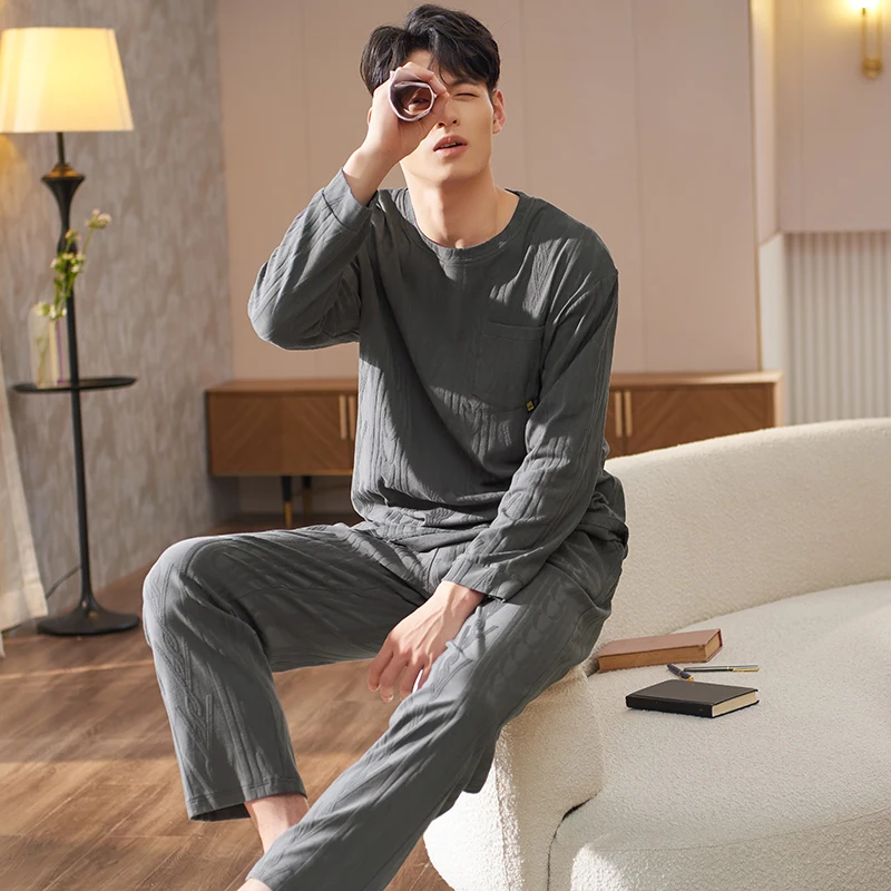 Men Jacquard Pajamas Set Stretch Cotton Male Long-sleeved Autumn Winter Pyjamas Loose Men Home Set Solid Sleepwear Tops + Pants