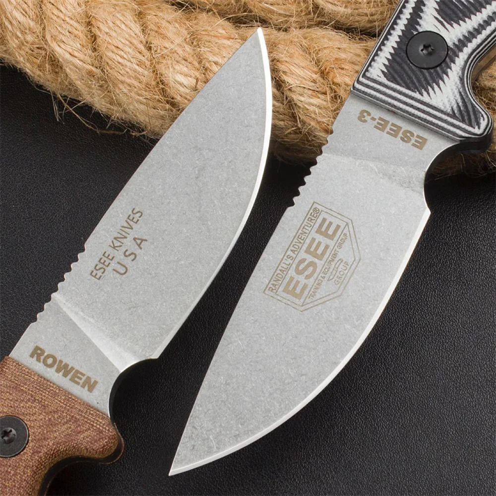 ESEE-3 Fixed Blade Knife Rowen Tactical Outdoor Knife Black and White G10/Brown Linen Handle Camping EDC Survival Hunting Tool