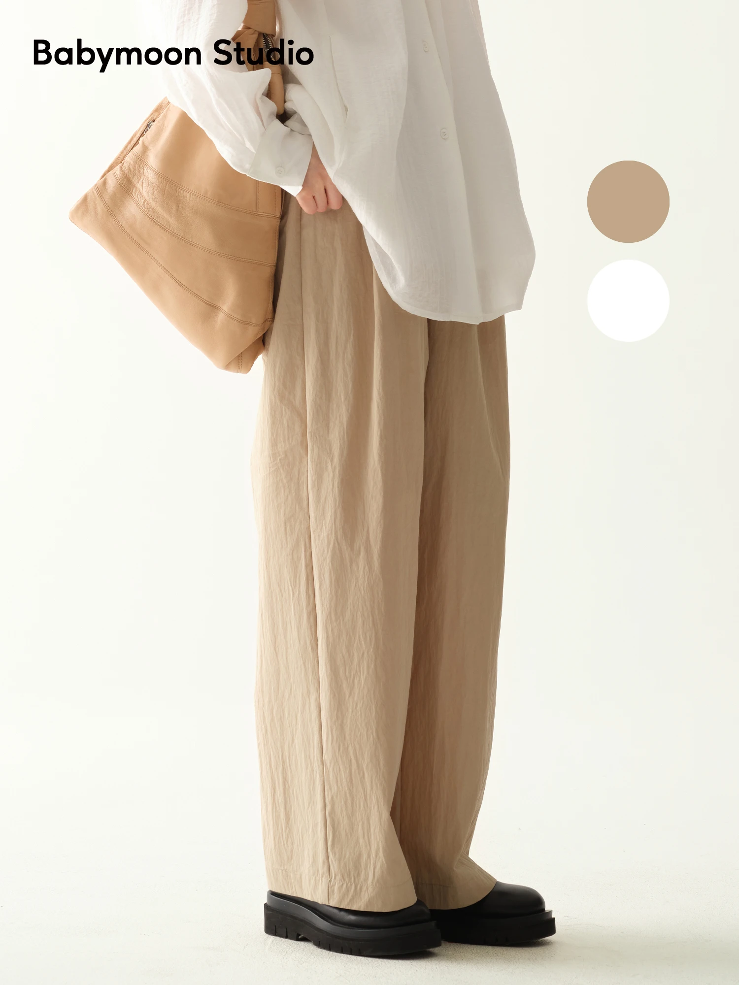 

Khaki White Elastic Waist Pleated Casual Pants Women's Loose Straight Leg Wide Leg Pants Boutique by Babymoon New Style