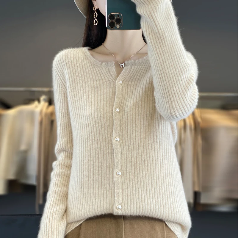 

Solid Color Round Neck 100%Merino Wool Cardigan Women's Autumn Winter Loose Jacket Sweater New V-Neck Knitted Fashionable Top