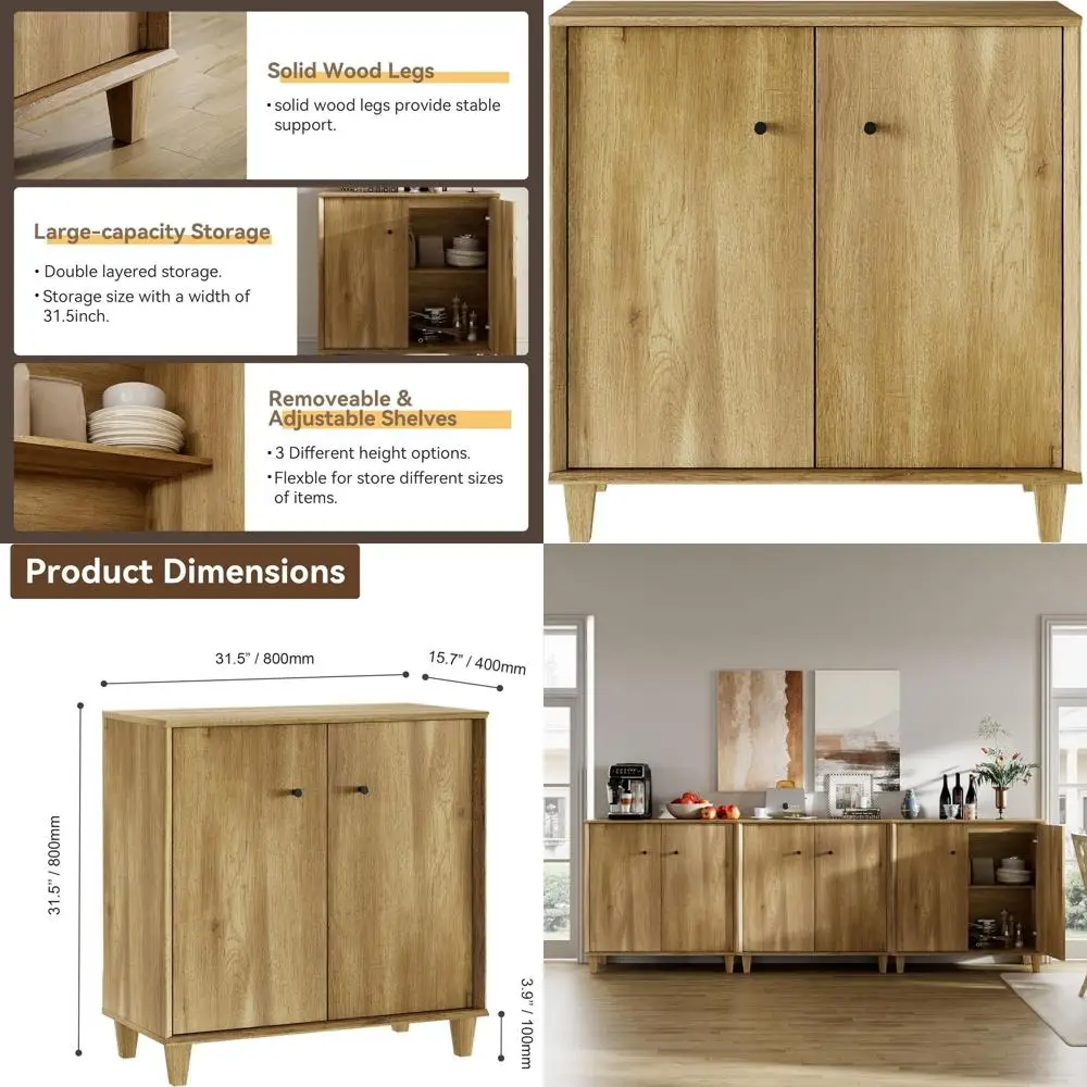 

3-in-1 Wide Oak Brown Buffet Cabinet with Adjustable Shelves, Versatile for Kitchen, Dining, Living Room, and Hallway Storage