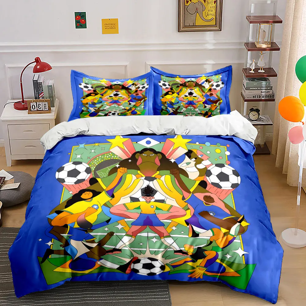Brazil Women Soccer Team Abstract Geometric Bedding Set,Brazil Flag Star Football Player Print 1 Duvet Cover 2 Pillowcase, Gift