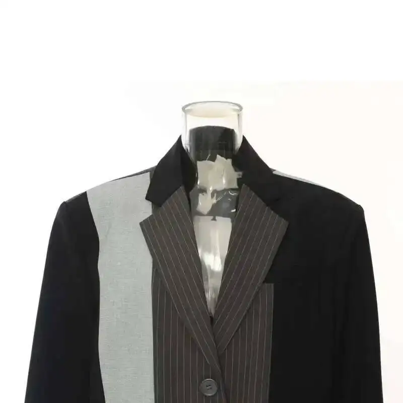 Bjtz moda feminina listra blazer entalhado único breasted bolsos contraste cor algodão terno jaquetas verão 2025 novo