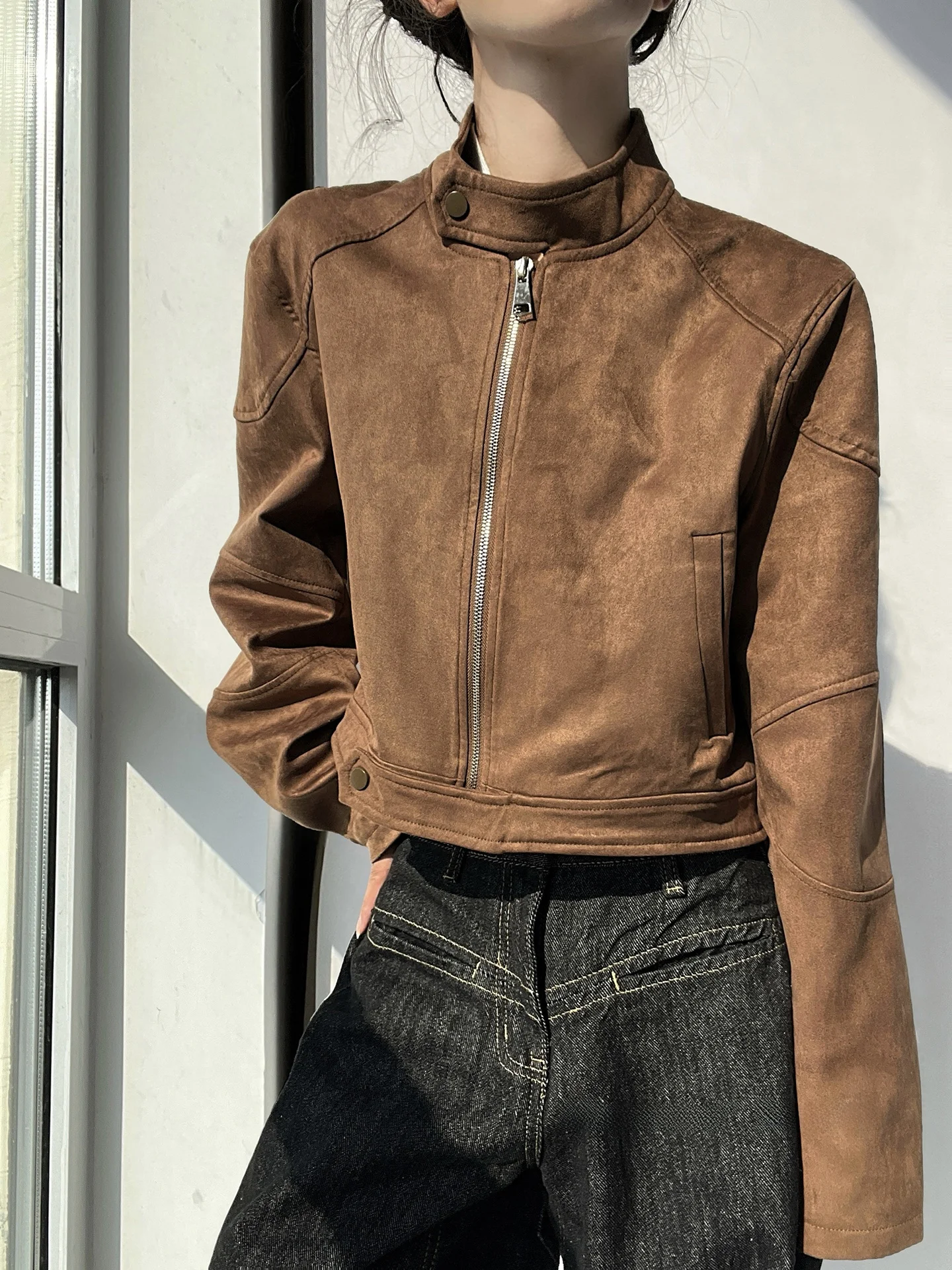 MianCun British Style Short Suede Jacket Women's Autumn Winter Loose Fit Stand Collar Eco-friendly Outerwear Slimming Top