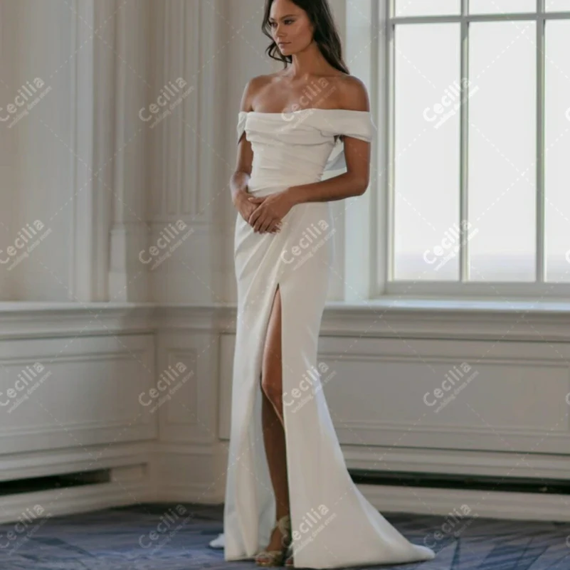 

Graceful Wedding Dresses Simple Satin Bridal Gowns Off The Shoulder Robes Sexy High Slit Glamorous Vestidos De Novia Customized