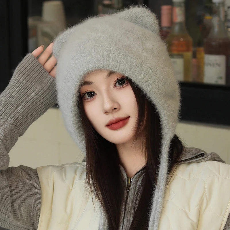 Hat Earflap Winter Women Angora Knit Beanie Ears Design Fleece Layer Warm Soft Accessory For Autumn Outdoor Sports Cold Weather