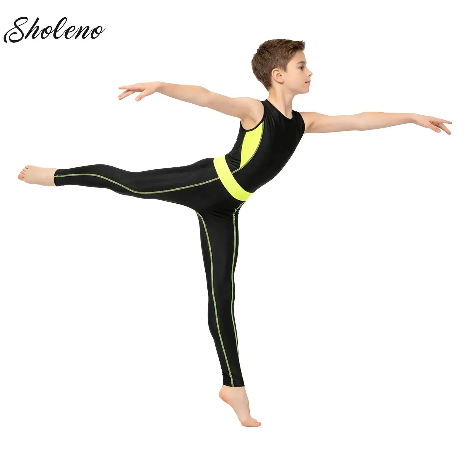 Boys Color-block Ballet Dance Leotards Jumpsuit for Girls Kids Gymnastics Bodysuits Romper Stage Training Performance Costume