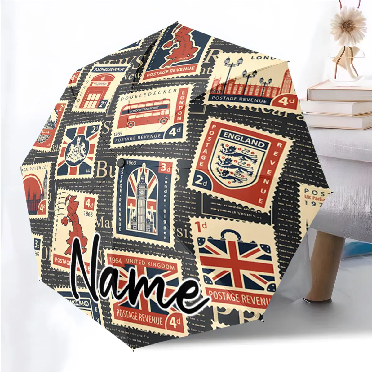Custom Name Unique Vintage Postage Stamp Pattern Umbrella Print 8 Iron Ribs Folding Umbrella Auto-Open Fashion Sunshade