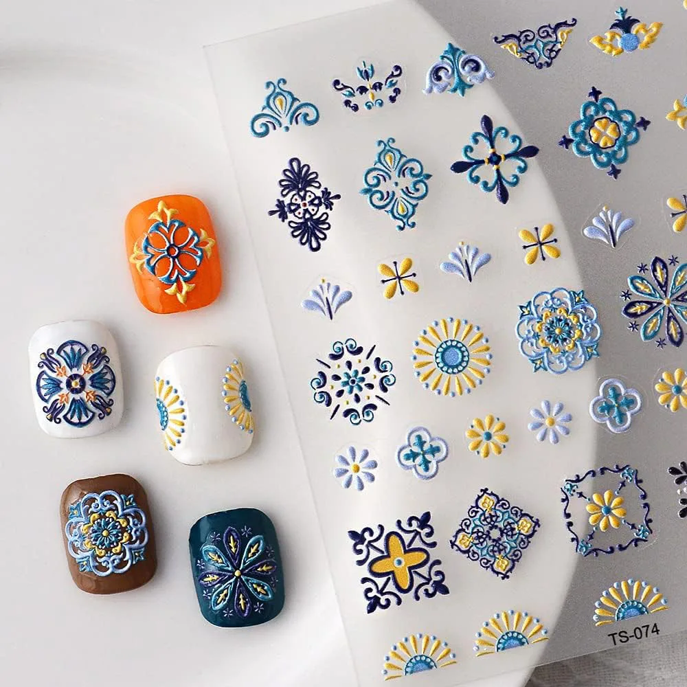 1PC Bohemia Nail Art Stickers 5D Bohemia Nail Sticker Decal Abstract Design Retro Blue Yellow Flower Self Adhesive Nail Supplies