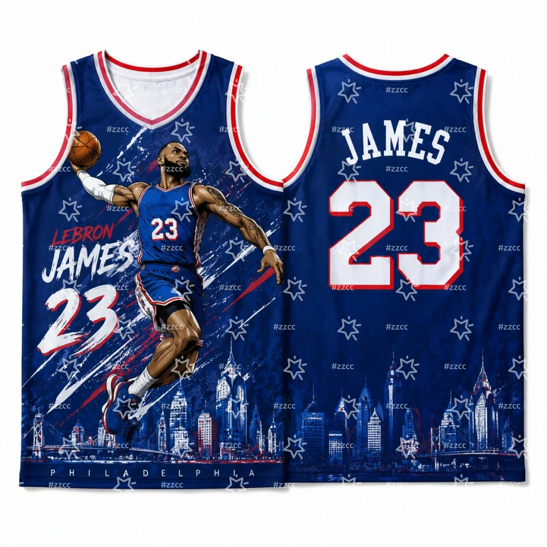 26-27 Philadelphia Basketball Fan Jersey LeBron James No.23 Football Jersey Summer Sports Men's T-Shirt Kid's Clothing Tee  ﻿