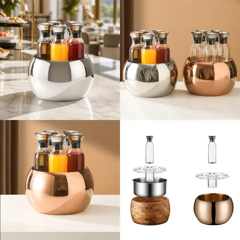 6.5L Silver Juice Dispenser Set Stainless Steel Beverage Bottle with 5 Glass Bottles for Hotel Buffet Party Catering