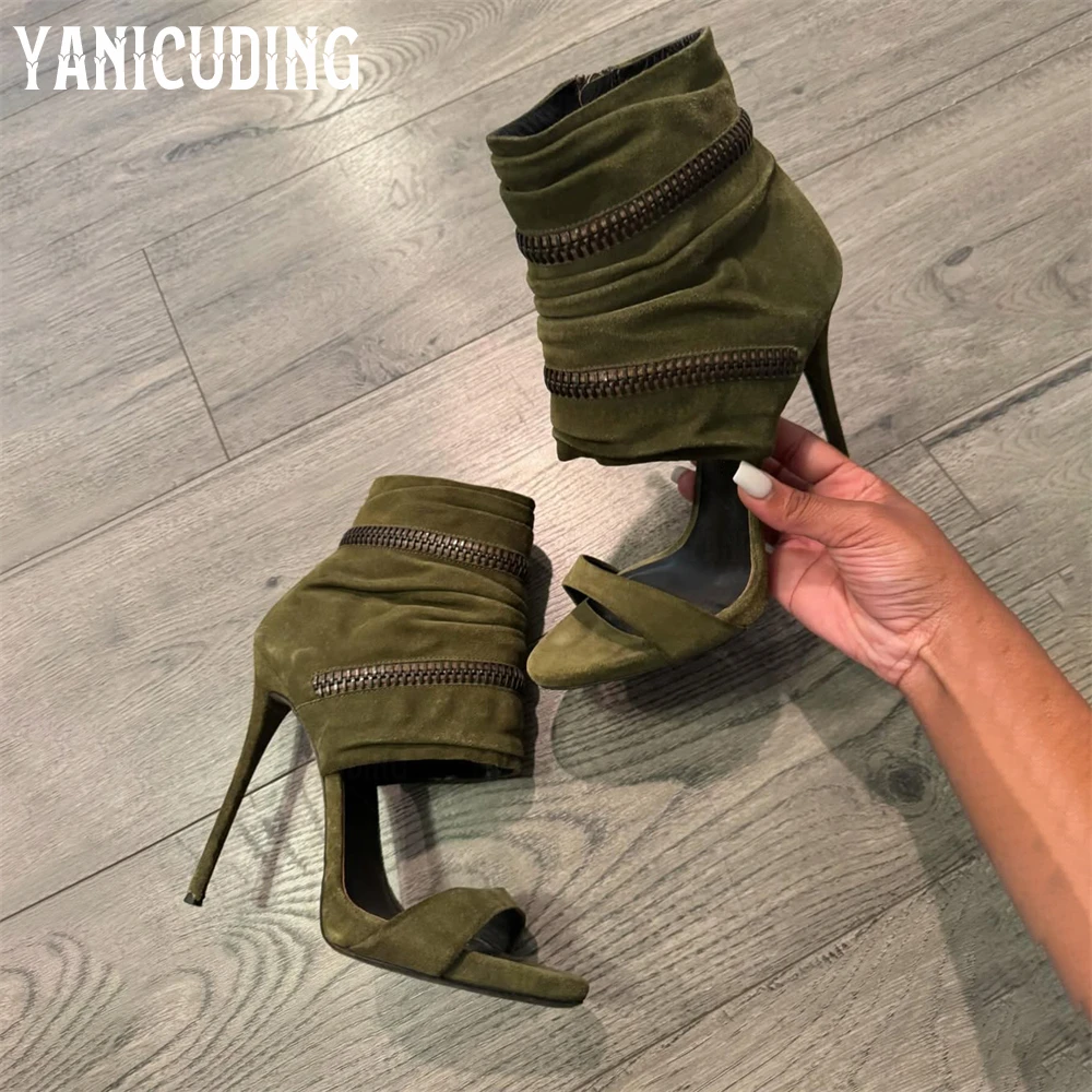 

Green Suede Metallic Zipper Sandals Designer Style Round Open Toe Stilettos Fashion Elegant Style Summer Women's High Heel Boots