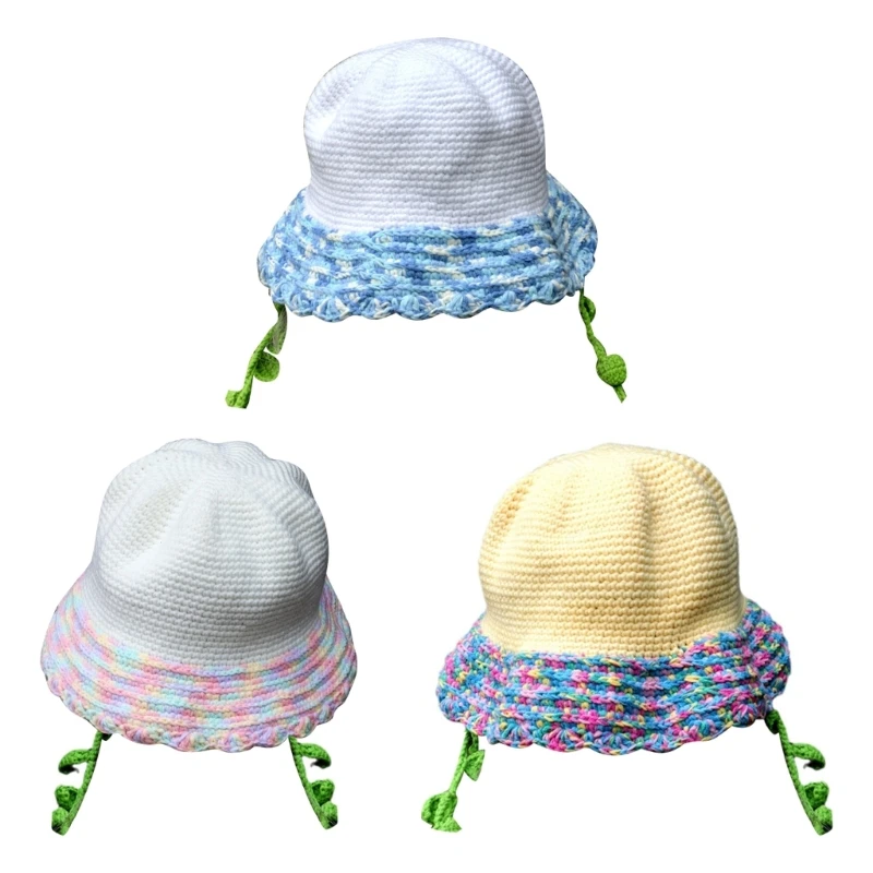 

Patchwork Bucket Hat for Outdoor Crochet Sun Hat Girl Breathable Fishing Hat Photoshooting Hat Beach Vacation Hat