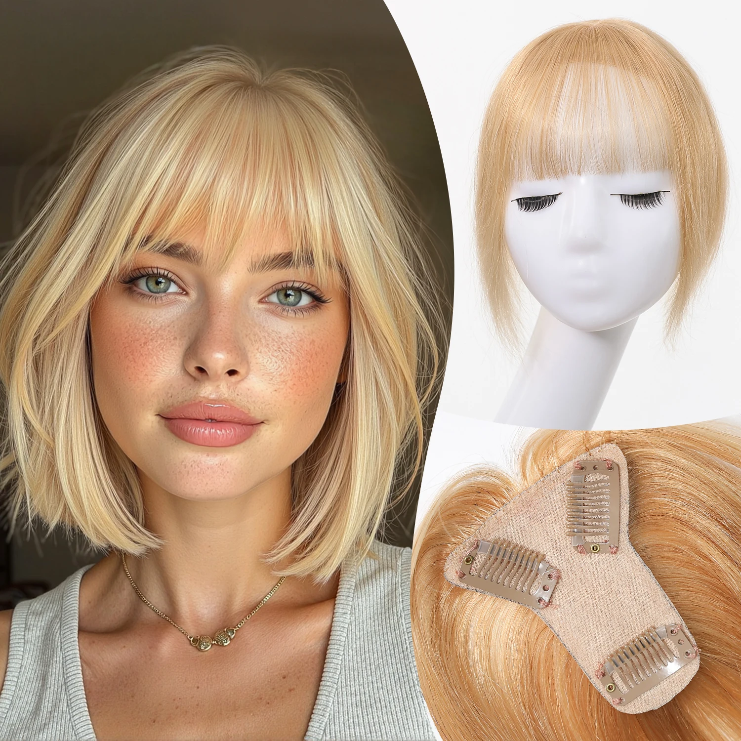 100% Human Blonde Hair Bangs Clips in Air Fringe Bangs Hairpiece for Women Golden Remy Human Hair Bangs Hair Extension 4.5inch