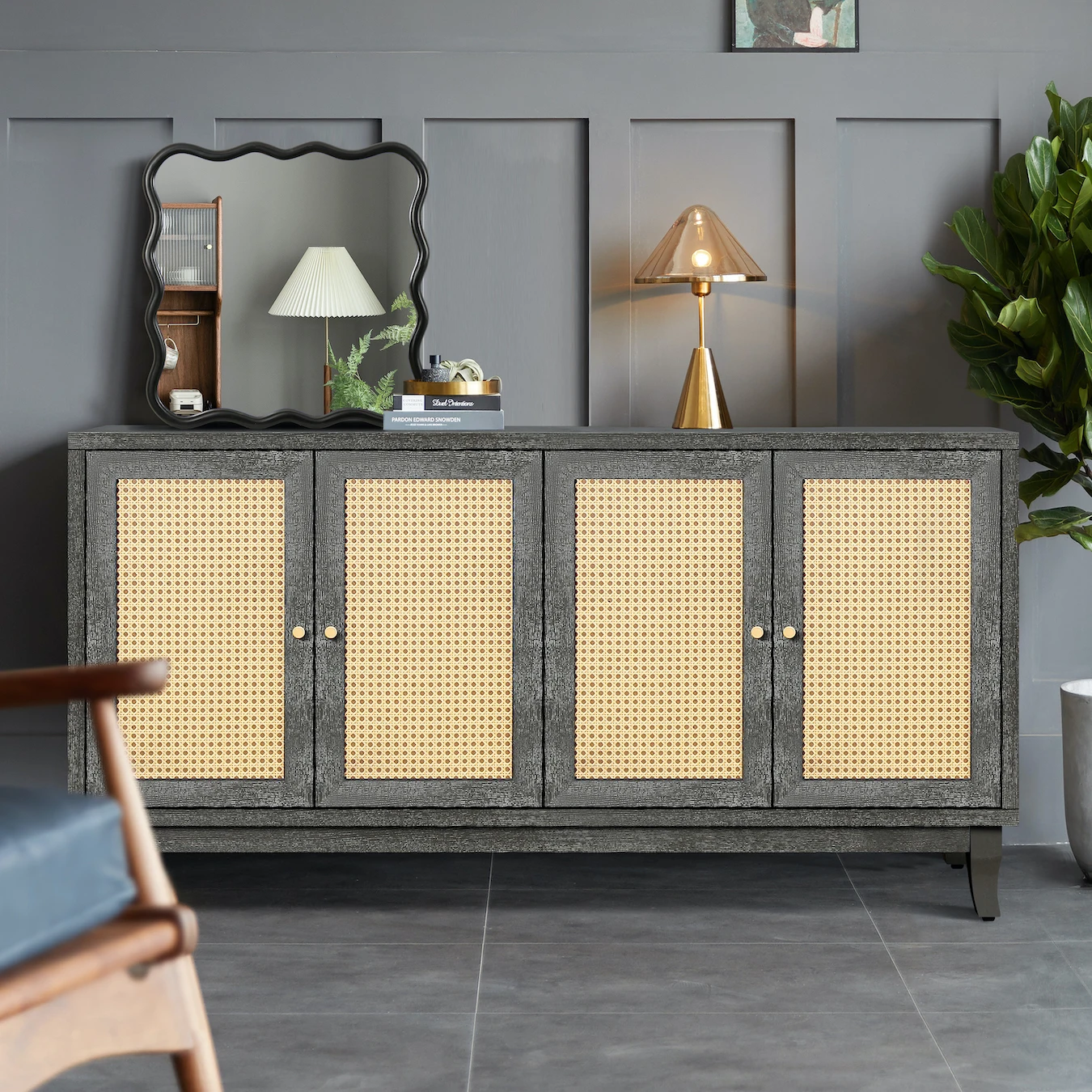 Handcrafted Premium Grain Panels, Modern Storage Rattan Sideboard Buffet Cabinet With 4 Rattan Doors, Adjustable Shelves