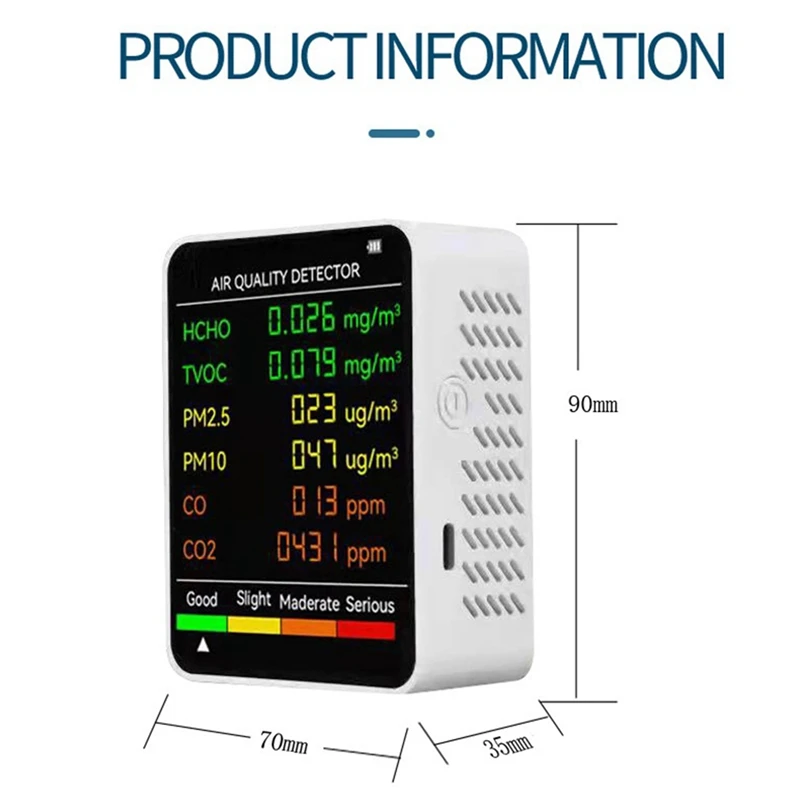 6-in-1 PM2,5 PM10 HCHO TVOC CO CO2 Luftqualitätsdetektor CO CO2 Formaldehyd Monitor Home Office Luftqualitätstester – Detail 14