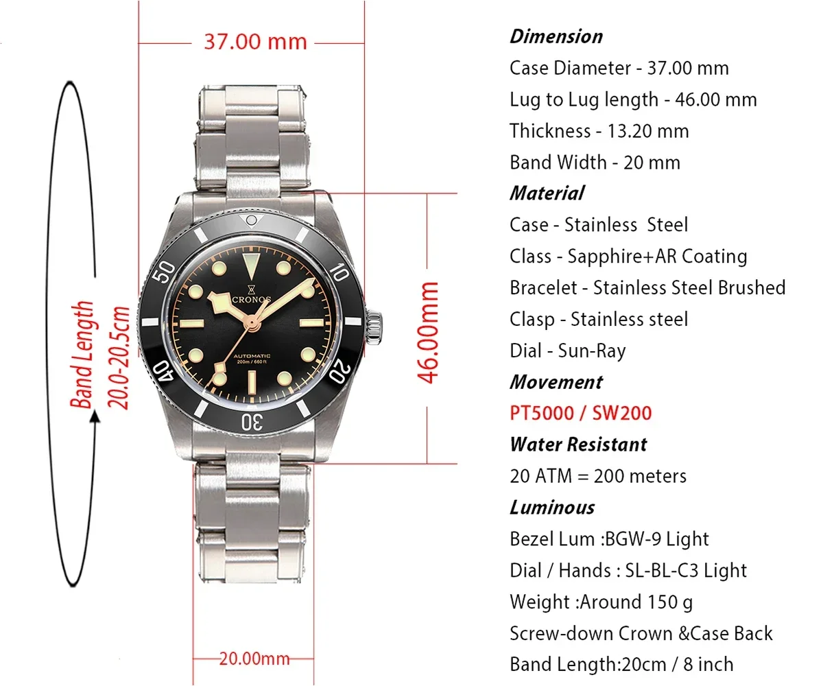 Cronos 남성용 럭셔리 시계, 빈티지 자동 손목시계, 여성용 엔드 링크 사파이어 20 바 방수 BGW-9 C3 Lum, BB54, 37mm