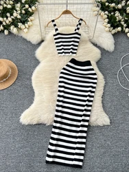 Foamlina 2024 Summer Women White and Black Striped Knitting 2 Pieces Set Sexy Crop Camis Top and Elastic Waist Long Skirt Suits