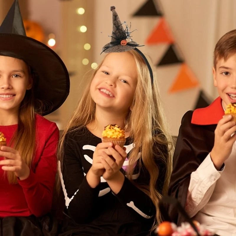 39BC Halloween Witch Hat Headband Collection Fabric and Plastic Headpiece Cosplay