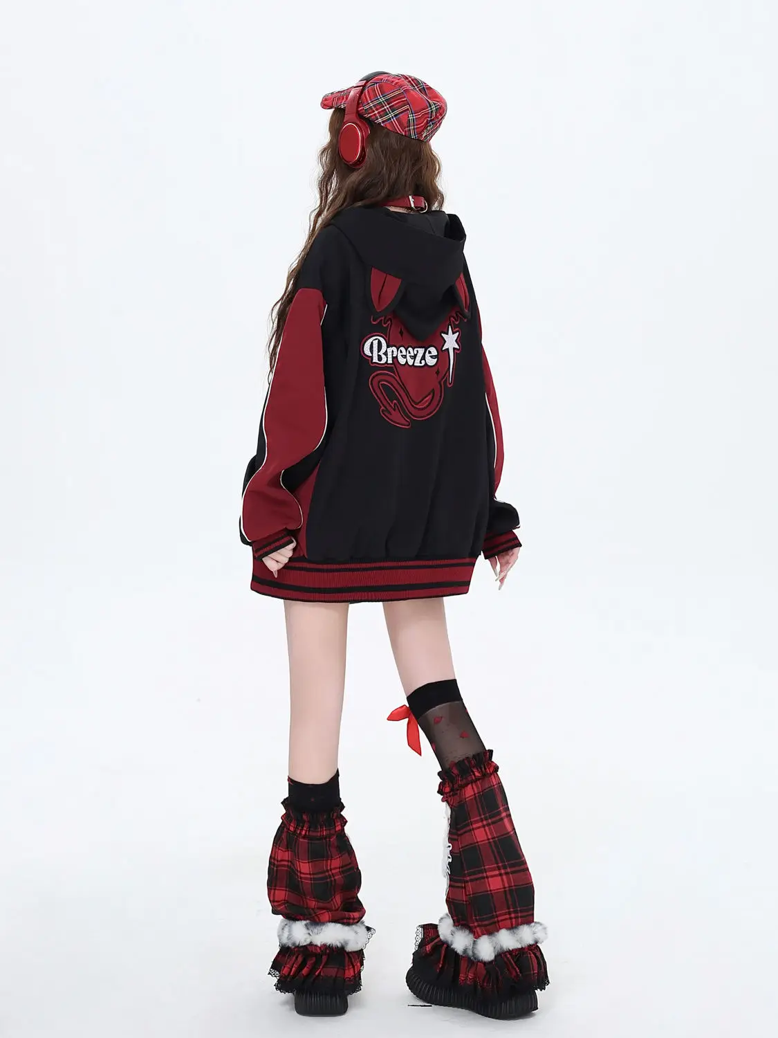 Gothic Aesthetic Streetwear Women Baseball Jacket Y2k Cat-Ear Black-Red Hooded Autumn Versatile Print Coat Bomber Jacket Women