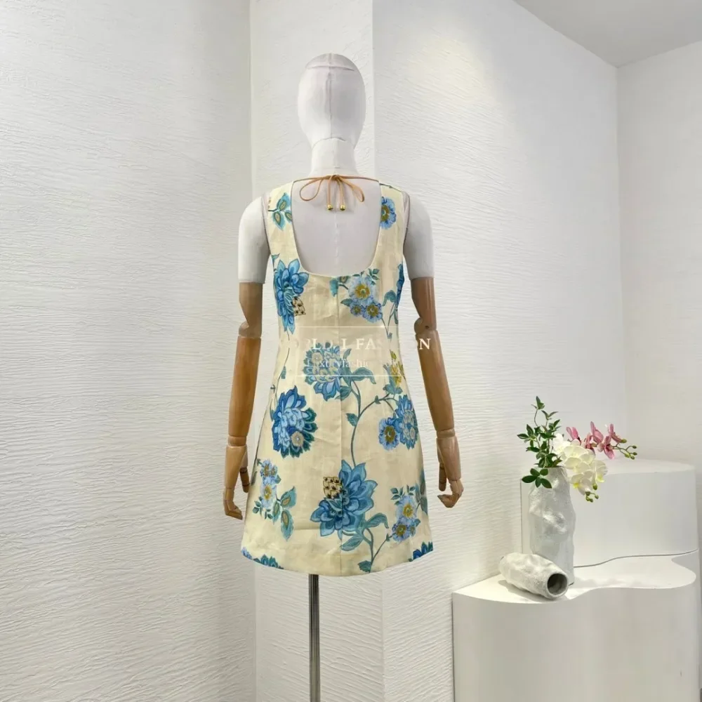 

New Arrival Women's Beige Floral Print Sleeveless Backless Mini Dress 2025