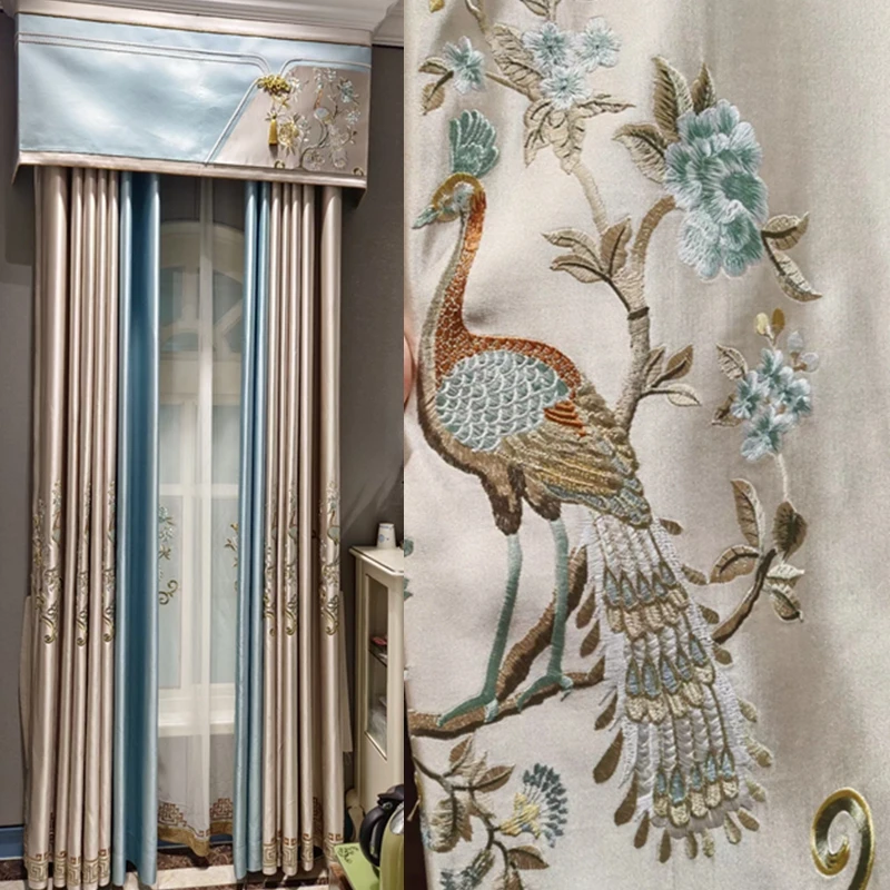

Custom peacock embroidery high precision Faux silk elegant champagne cloth blackout curtain tulle valance drape C1632