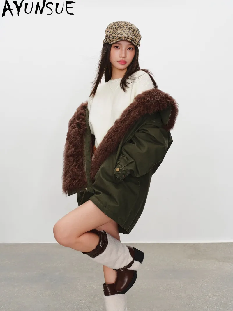 AYUSNUE Womens Toka Shearling Reversible Lapel Parka 95% White Goose Down Coat Vintage Ladies Warm Fur Winter Outerwear Fashion