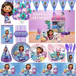 Gabby Dollhouse Birthday Decoration Tableware Party Balloons Cups Plates Napkins Kit Backdrop Gabby Cat Theme  Deco Supplies Set
