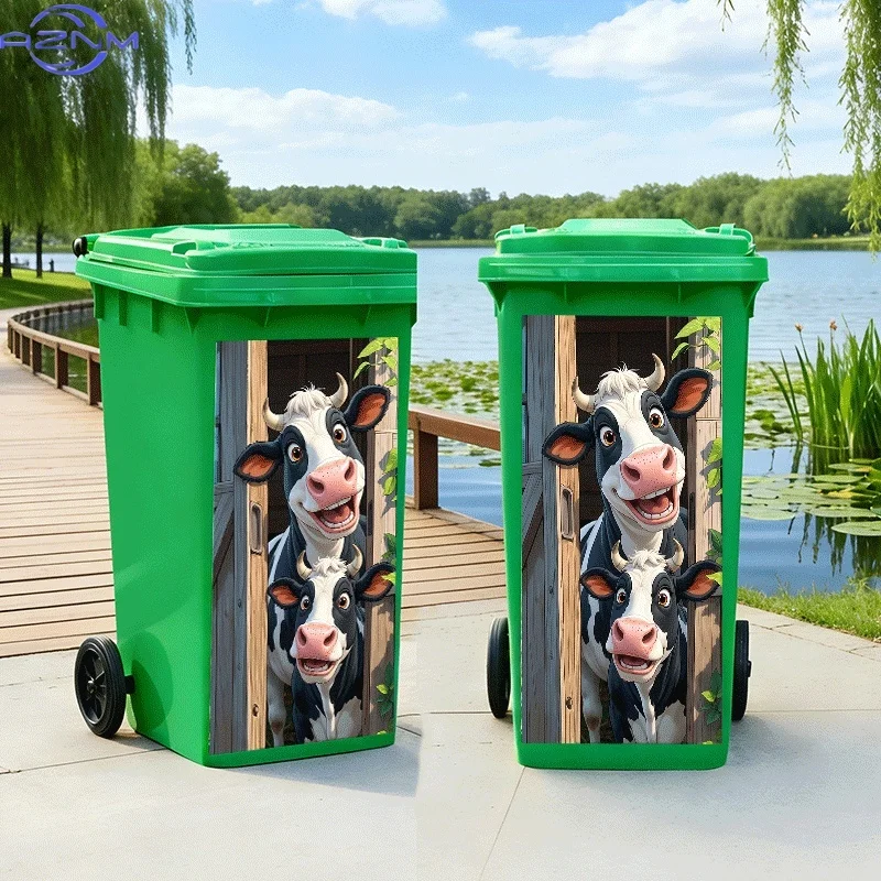 2D Flat Printing 1pc Trash Can Sticker, Cow Mother and Calf Peeking at the Door Themed Design, Self-Adhesive Wall Decal Wallpa