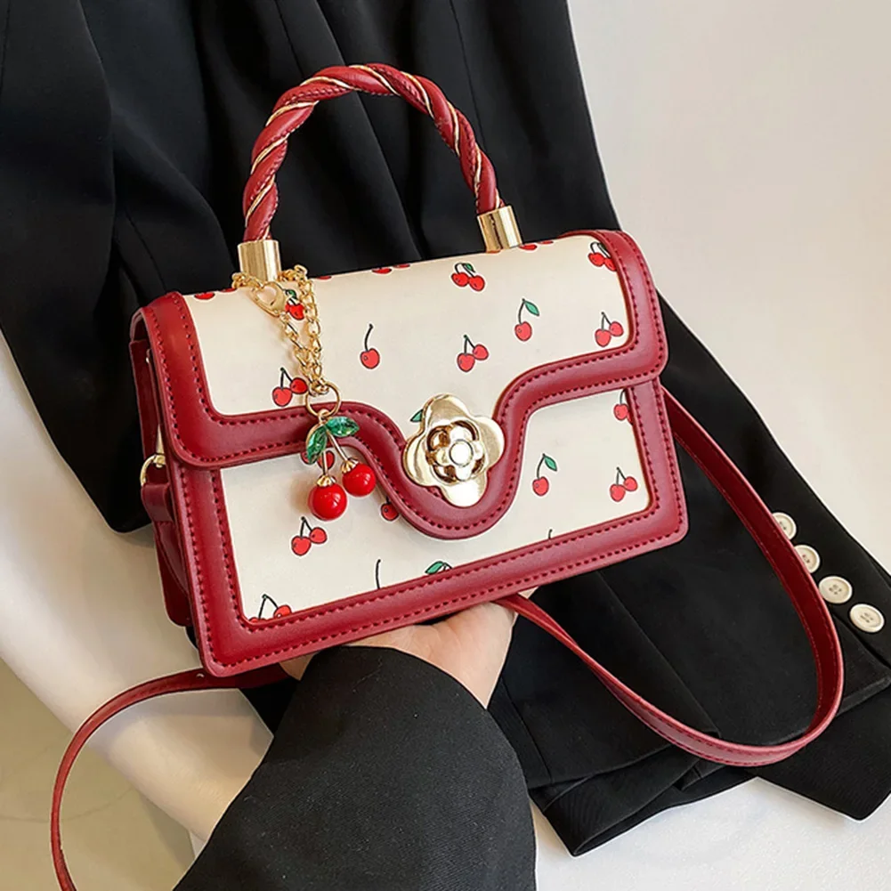 2024 Newest Cherry Pattern Small Square Bags PU Leather Fashion Crossbody Bag Luxury Brand Women\'s Handbag Sweet Top-Handle Bags