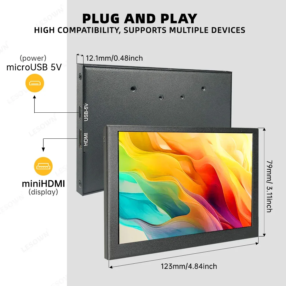 Imagem -06 - Lesown-mini Monitor Portátil hd Display Leve para pc Computador Câmera tv Tela Secundária Hdmi Minúsculo 800x480 Ips 5