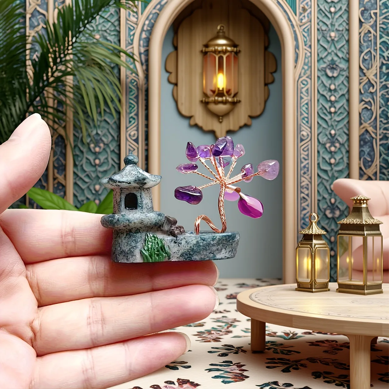 1pc Crystal Lucky Tree Landscape Statue Ornament, Miniature Stone Tree Home Decor Small Potted Plant, Handmade Craft Small Gift