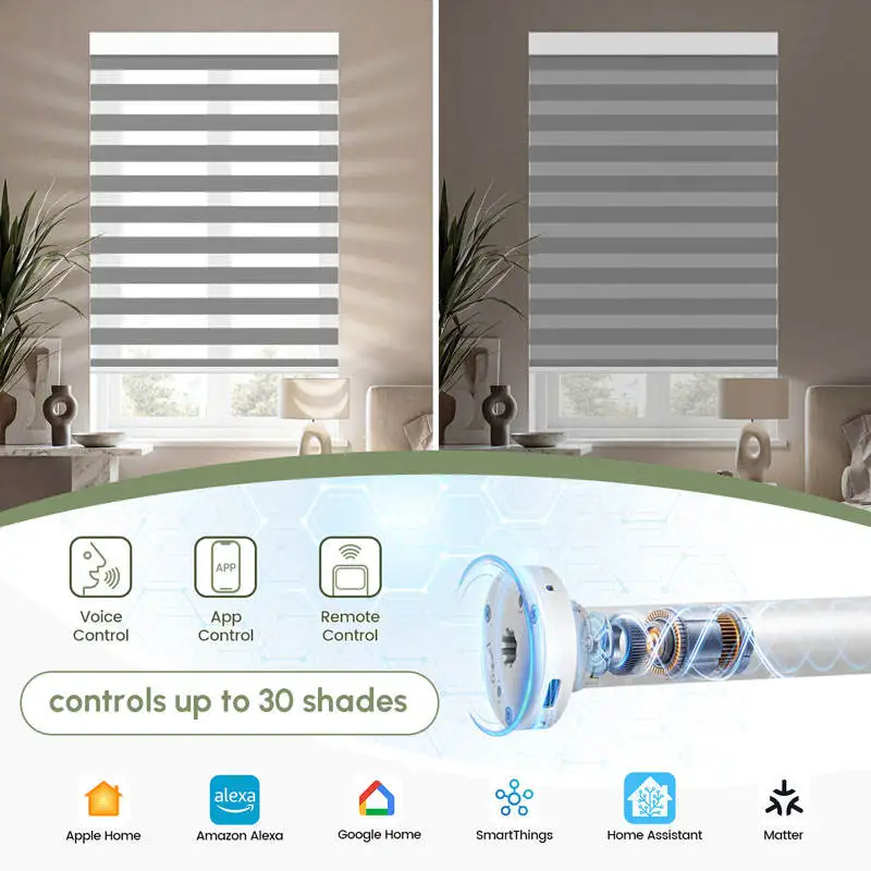 Matter Smart Electric Zebra Blinds Compatible Wifi Google Motorized Roller Shades Solar Panel Full-Blackout Window Shades