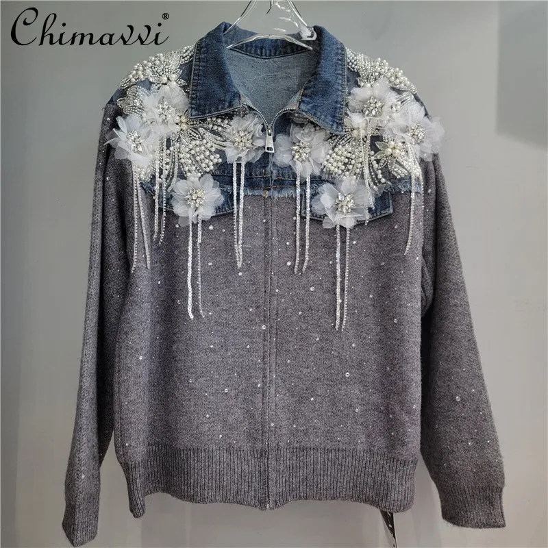 

American Fashion Casual Patchwork Denim Jacket Top 3D Flower Beaded Rhinestone Tassel Zipper Knitted Cardigan for Women Autumn