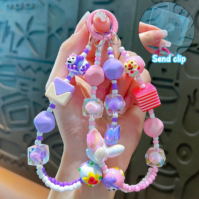 Handmade Tulips Beads Doll Mobile Phone Chain Wrist Strap Keychain Girl Woman Anti-Lost Fashion Pendant Phone Lanyard With Clip